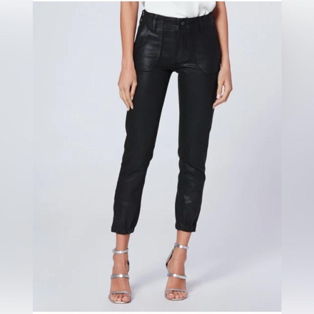 Paige Mayslie Black Fog Lux Joggers in a faux leather coated black  29 - Picture 5 of 13